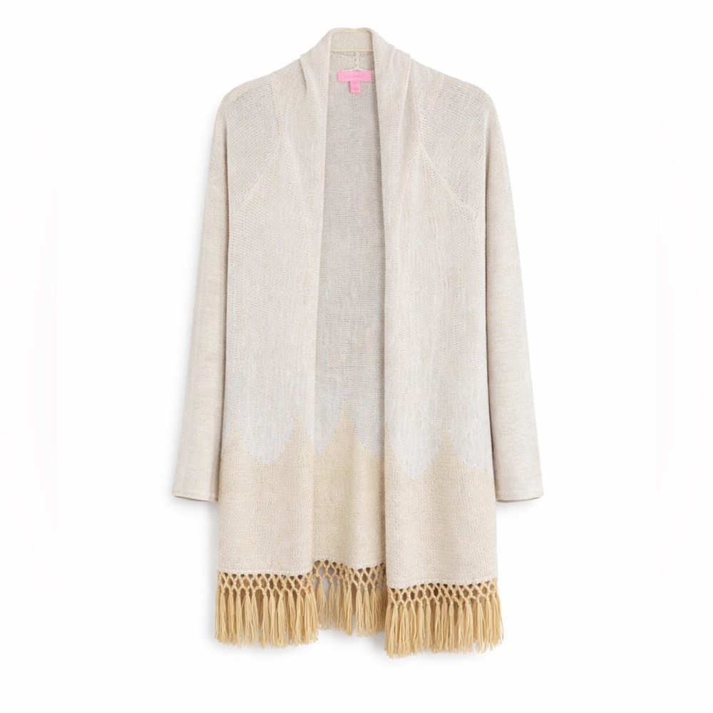 Lilly Pulitzer Tatum Metallic Fringe Open‎ Cardigan Ivory Gold XS
